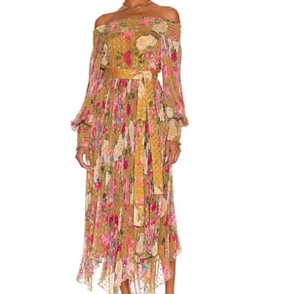 Rococo Sand Pink and Yellow Off-Shoulder Long Sleeve Sundress